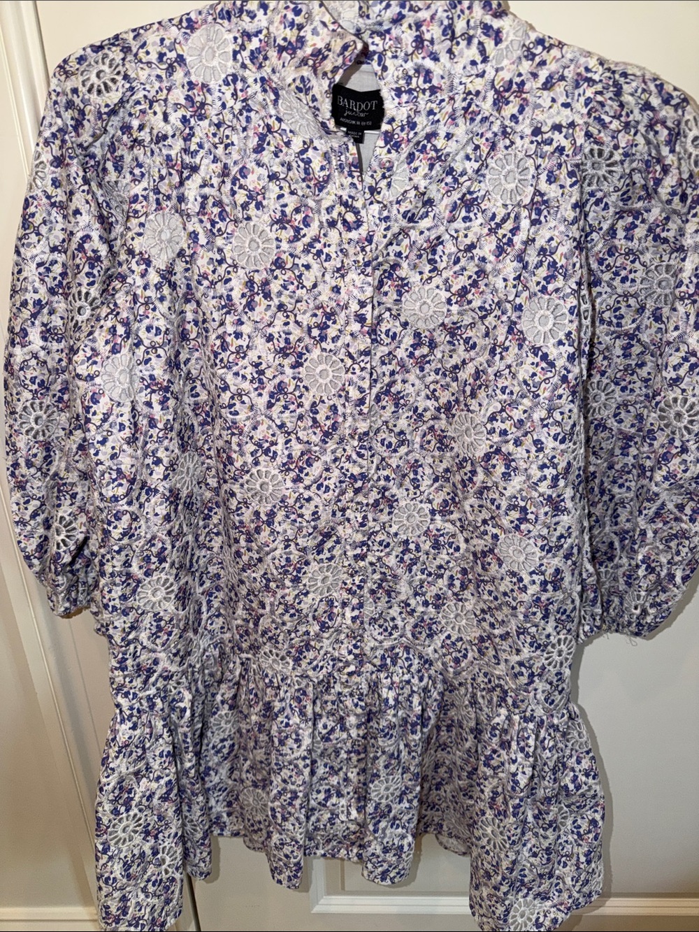 Girls Bardot junior purple floral and eyelet print dress, drop waist, long sleev